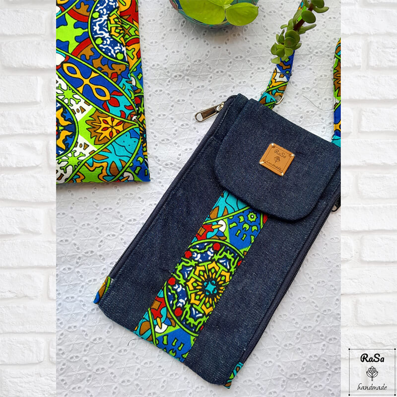 Mobile Sling Bag-Debbie In Green African Ankara Print With Denim