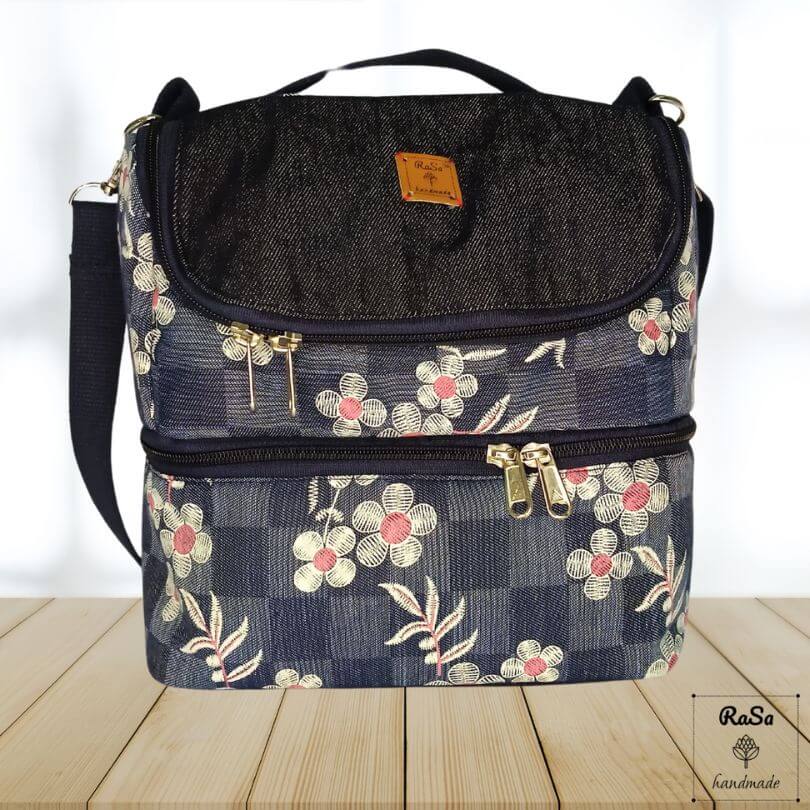 Lunch Bag – Double Decker Lunch Bag For Kids And Adults In Denim Floral Print