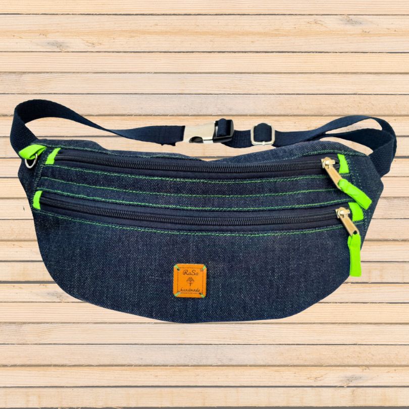 Fanny Bag – Adult Denim Fanny Bag/Cross Body Bag With Green Detailing