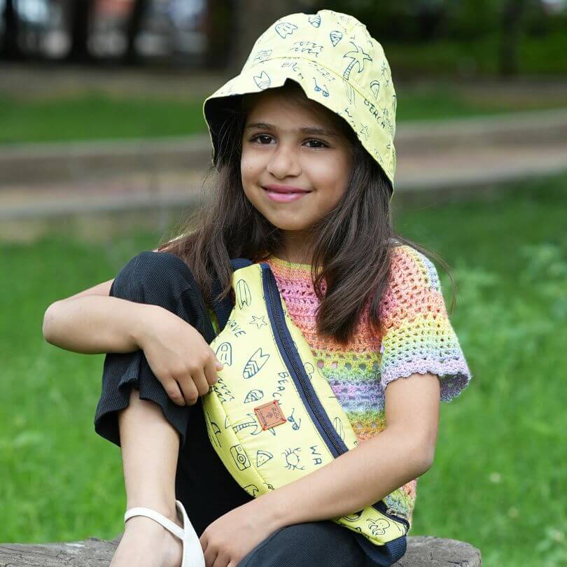 Fanny Collection, Combo Pack Of Kids Fanny Bag With Kids Bucket Hat In Yellow Beach Print