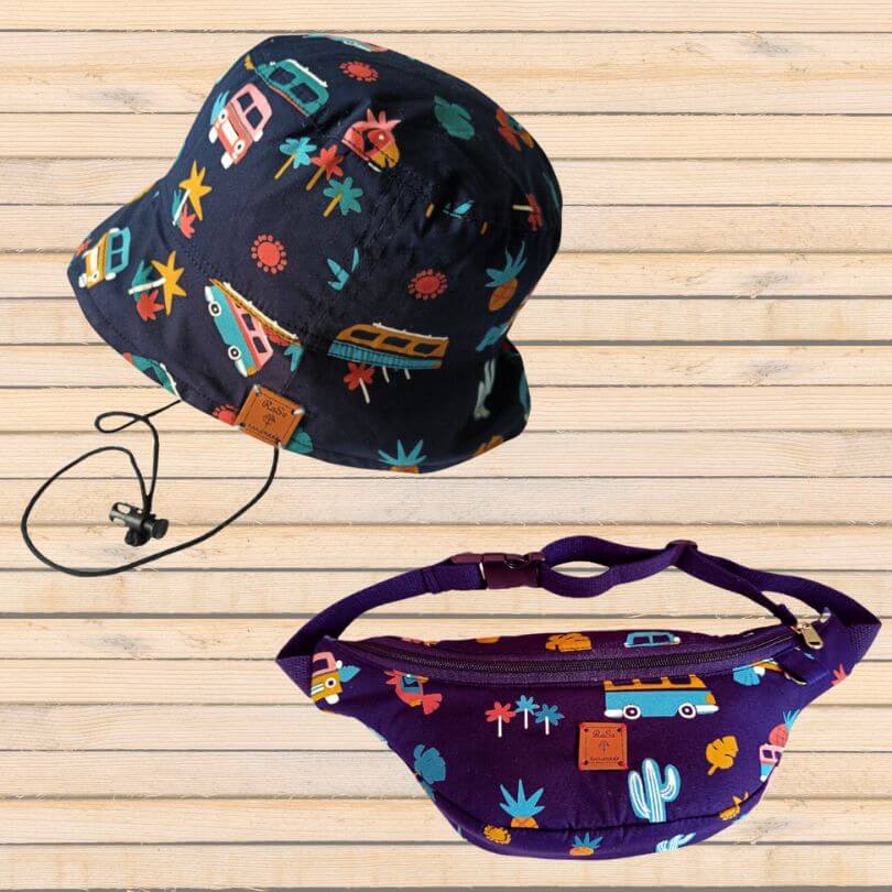 Fanny Collection, Combo Pack Of Kids Fanny Bag With Kids Bucket Hat In Navy Car Print