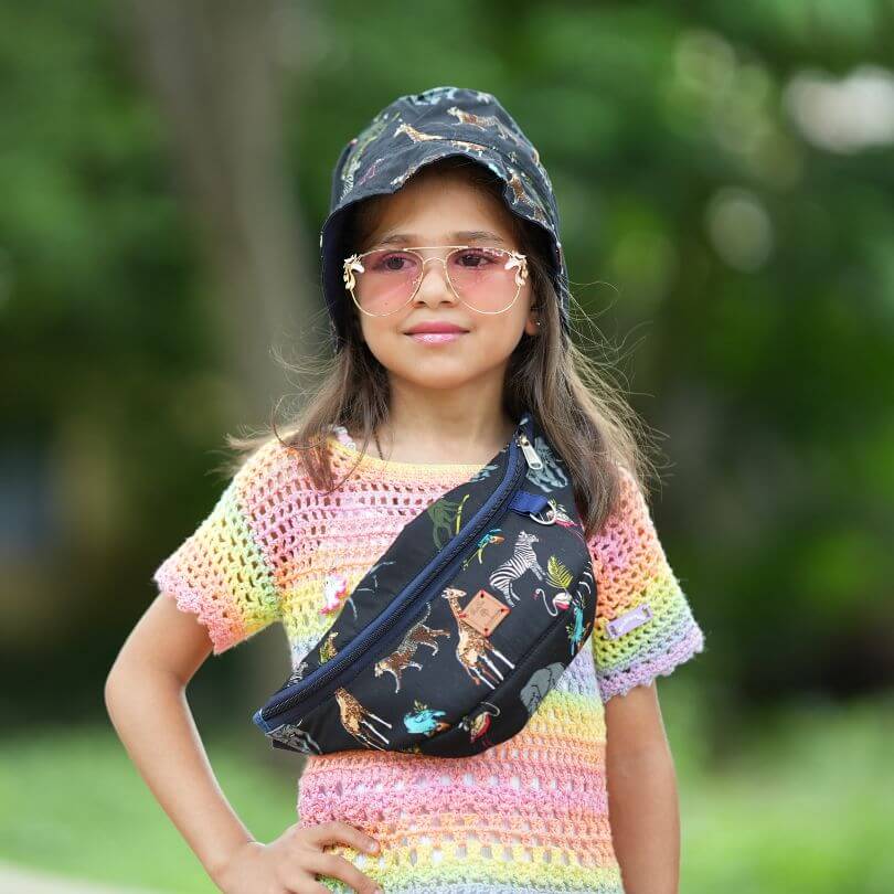 Fanny Collection, Combo Pack Of Kids Fanny Bag With Kids Bucket Hat In Black Safari Print