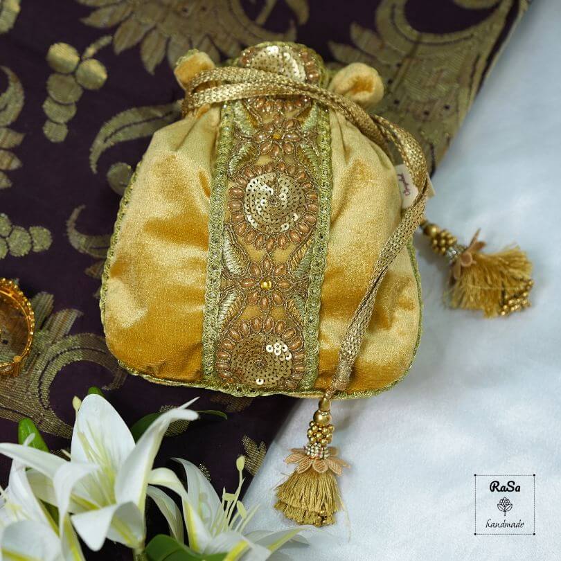 Potli Bag – Golden Velvet With Golden Lace