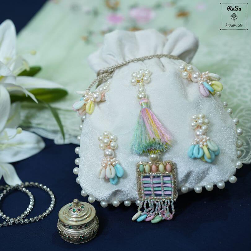 Potli Bag- Cream Velvet With Pastel Hues And Pearls