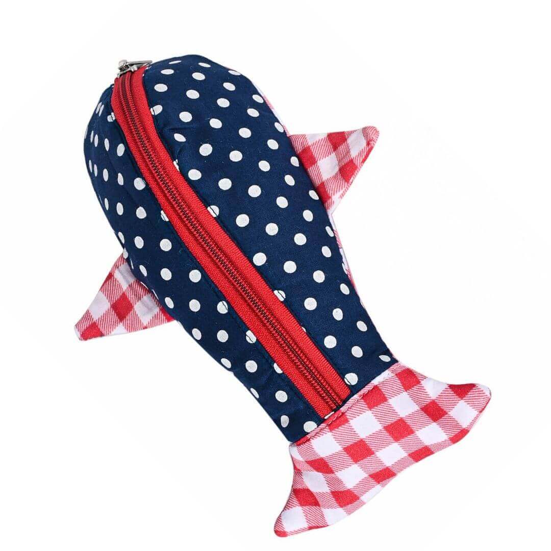 Pencil case - Shark Pencil Case- Single- NAVY POLKA DOT