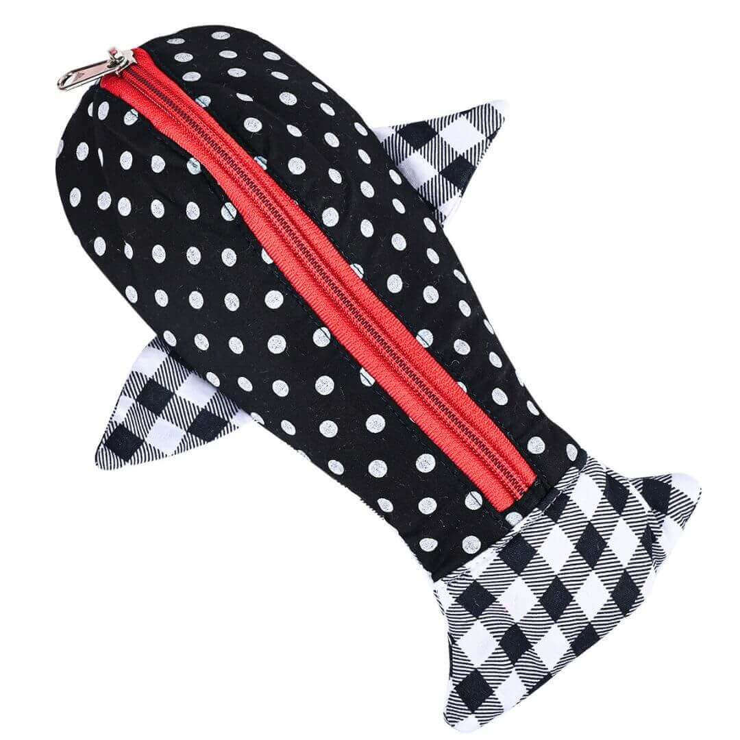 Pencil case - Shark Pencil Case- Single- BLACK POLKA DOT