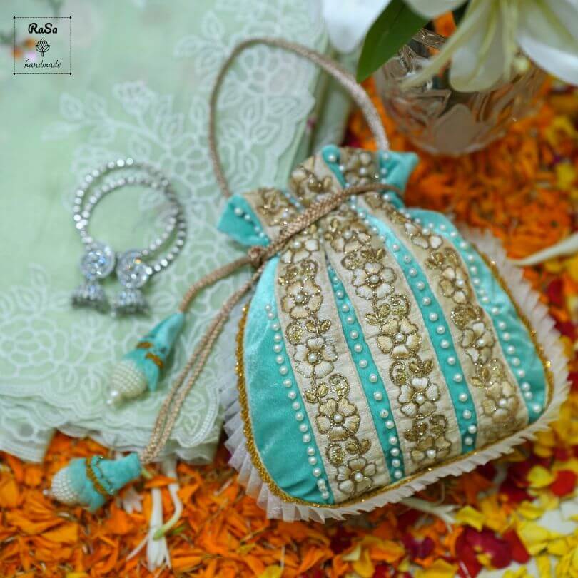 Potli Bag- Pista/Sage Green Velvet With Lace And Pearls