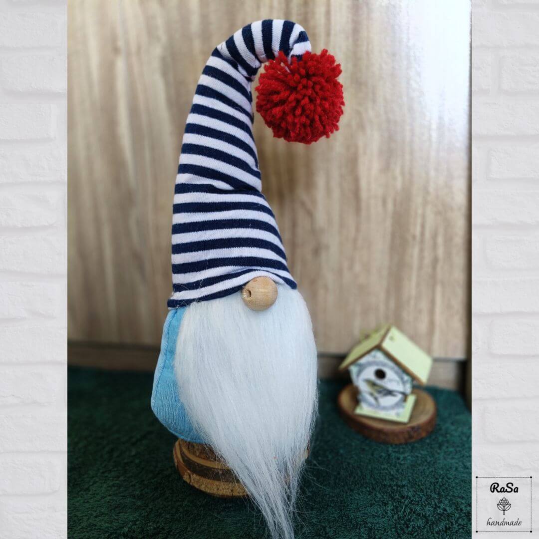 Gnomes-Upcycled Gnome With Navy/White Stripe Hat