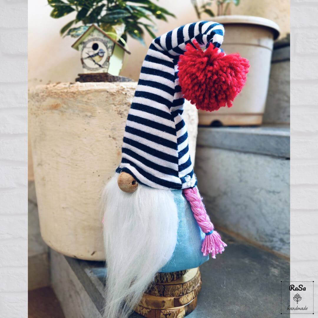 Gnomes-Upcycled Gnome With Braid And Navy/White Stripe Hat