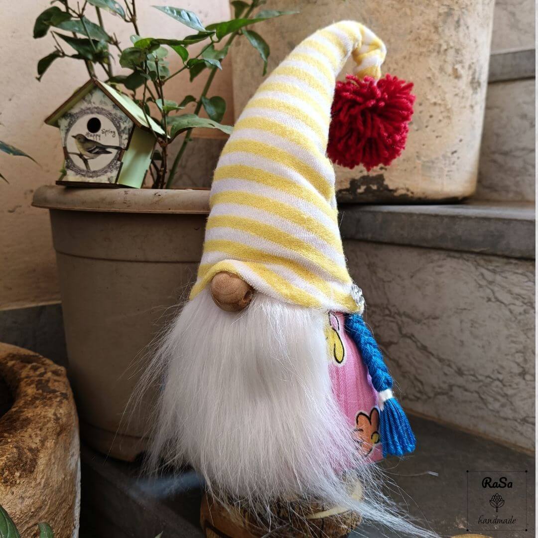 Gnomes-Upcycled Gnome With Braids And Yellow/White Stripe Hat