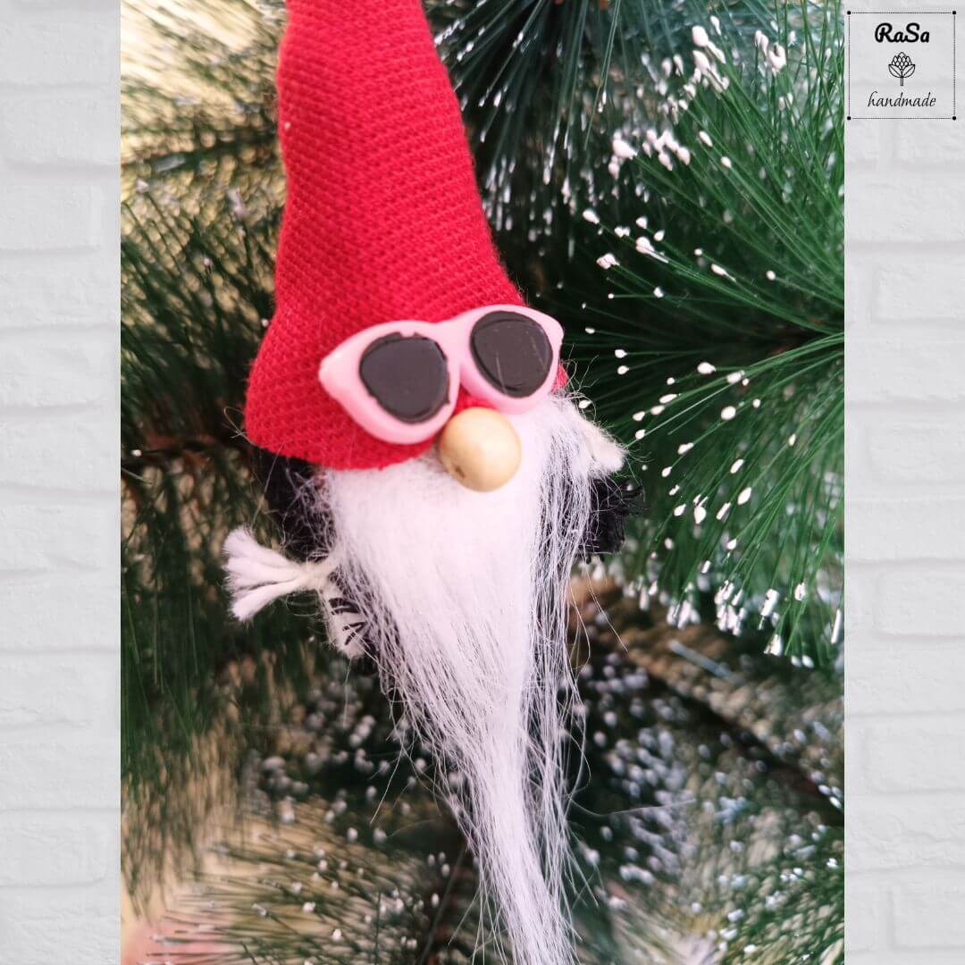 Gnome-Christmas Tree Ornament-Tiny Gnome With Braids And RED Hat