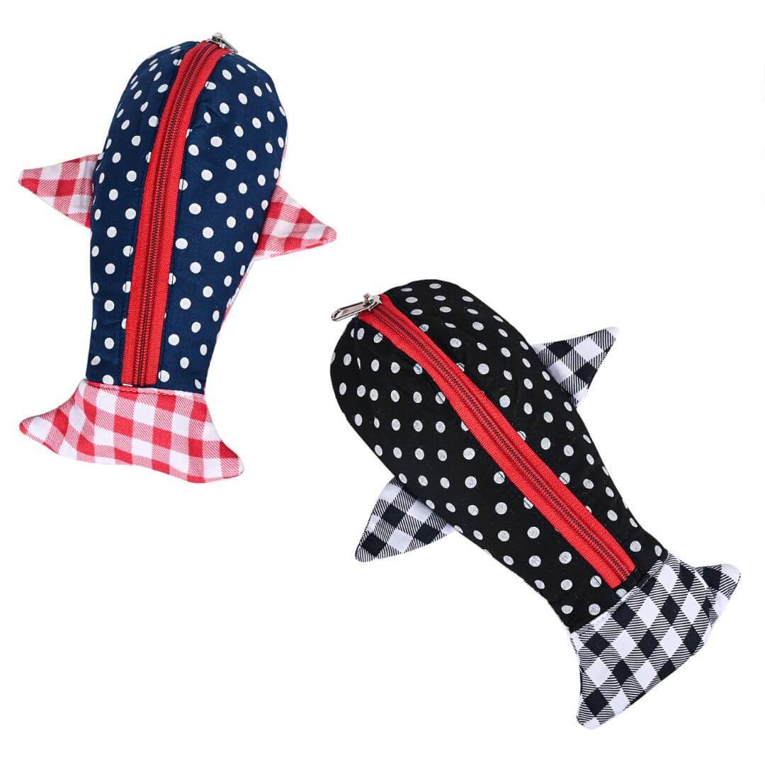 Pencil Case – Shark Pencil Case Pack Of 2 – BLACK And NAVY POLKA DOTS